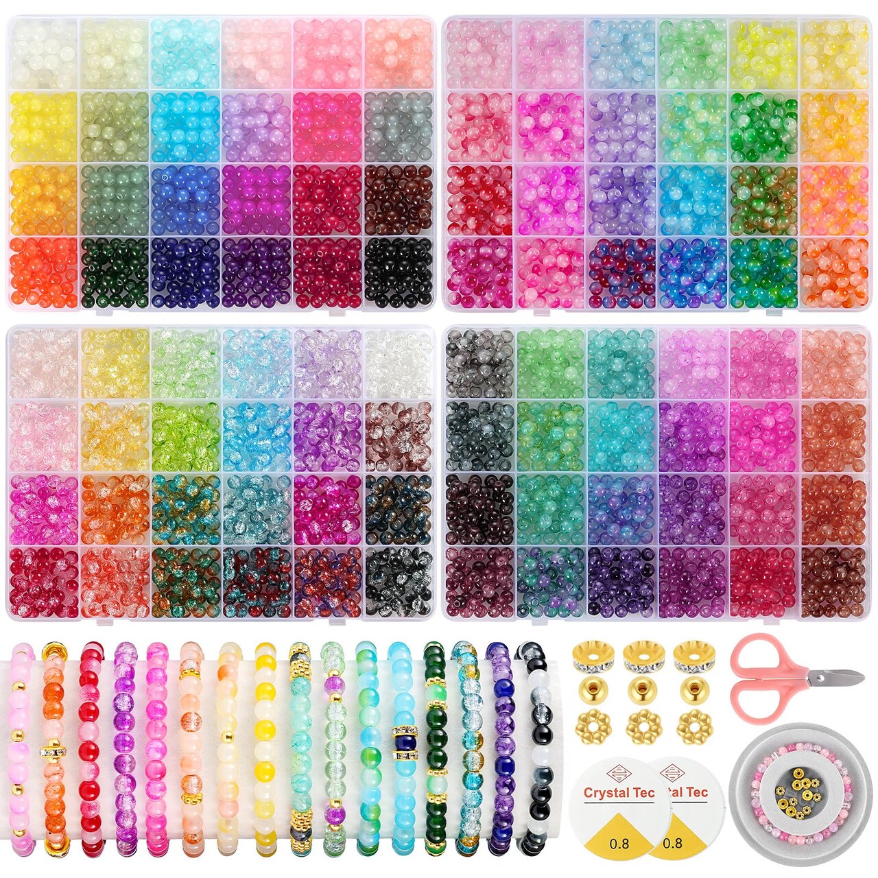 3524pcs Glass Beads Bracelet Making Kit, 4 Types 96 Colors 6mm Glass Beads for Bracelets, Round Crystal Beads for Jewelry Making Necklace Earrings DIY Crafts